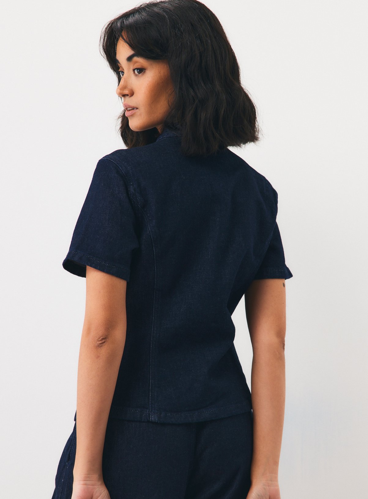 Dark Denim Frog Fastening Grandad Collar Top 12 - Image 5 thumbnail